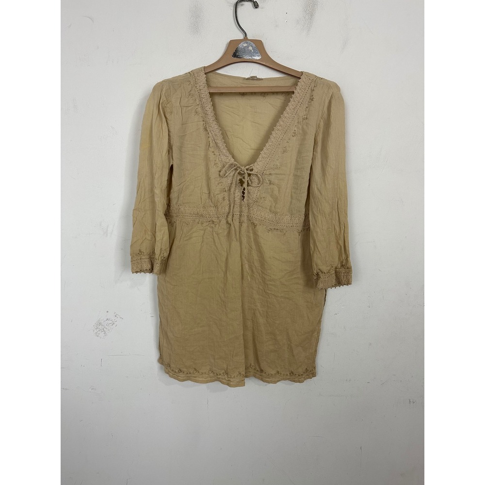 J. Jill Cotton Gauze Embroidered Tunic Top Tan Boho Lace V-Neck Small